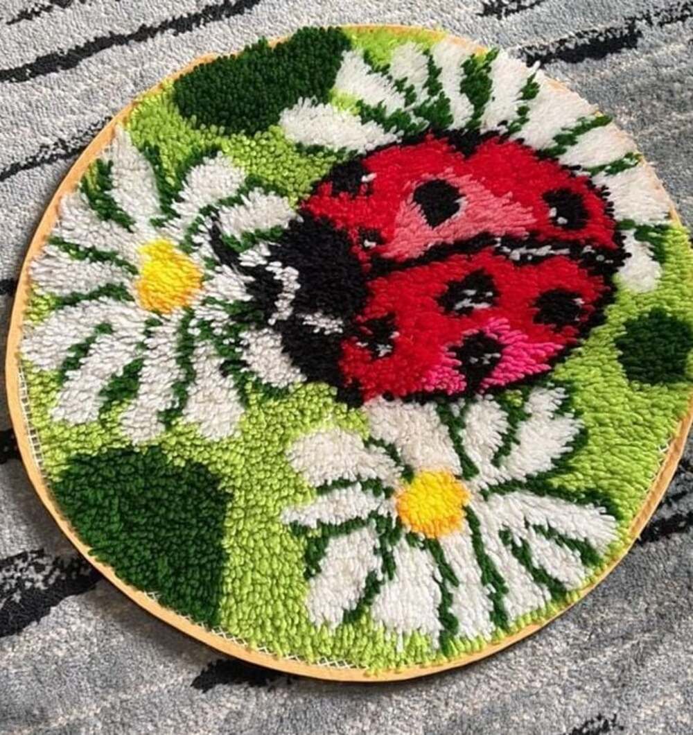 Handmade Punch Needle Rug Ladybug and Daisies Round Wall Hanging